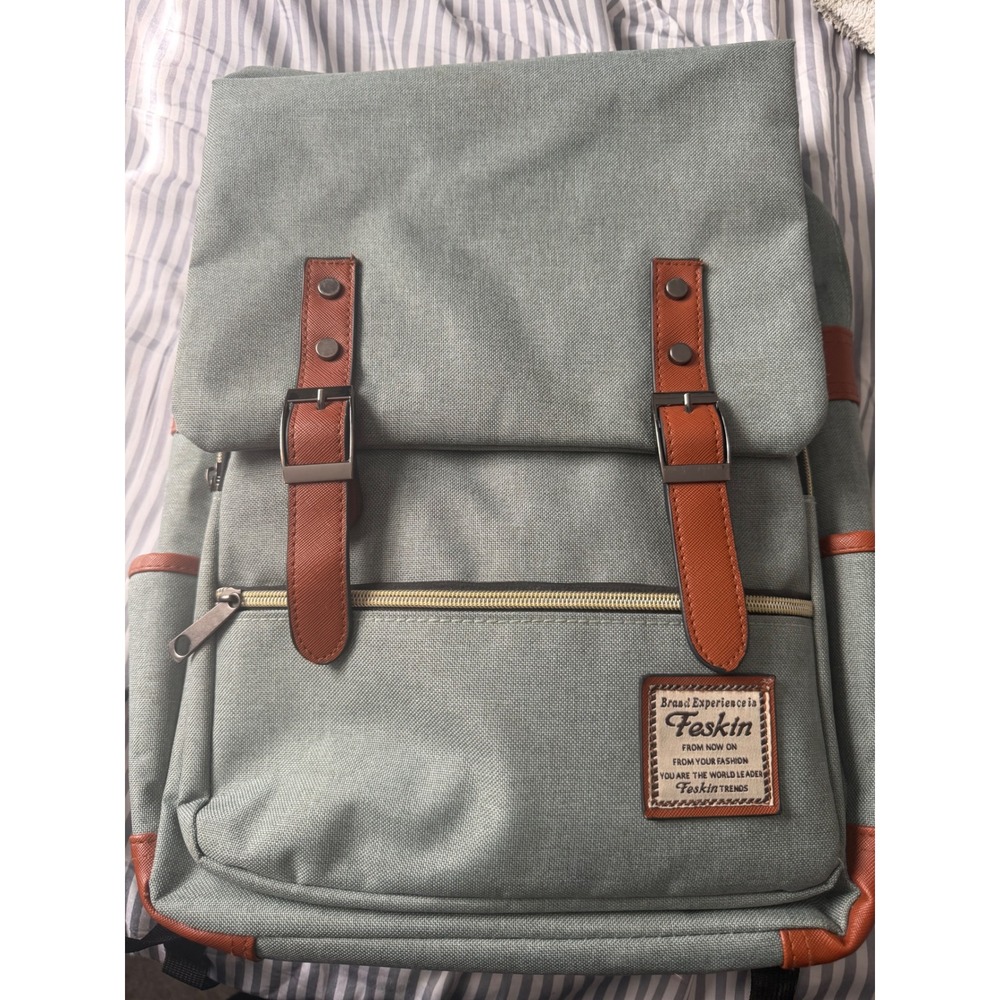 Feskin Vintage Canvas Laptop Backpack Sage Green Brown Straps School Travel Bag